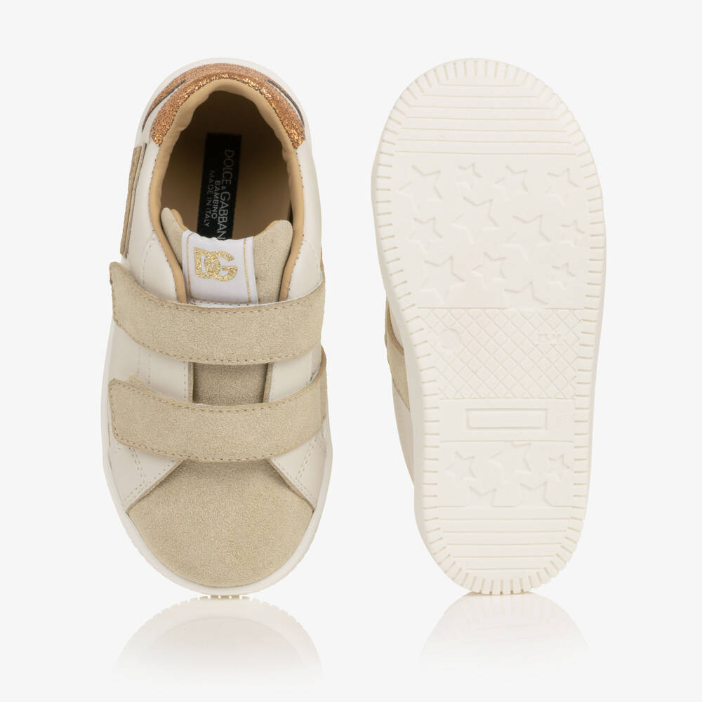 Dolce & Gabbana-Girls Beige & White Leather DG Original Trainers | Childrensalon