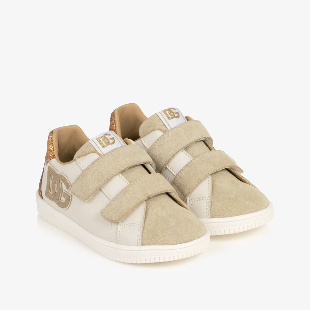 Dolce & Gabbana-Girls Beige & White Leather DG Original Trainers | Childrensalon