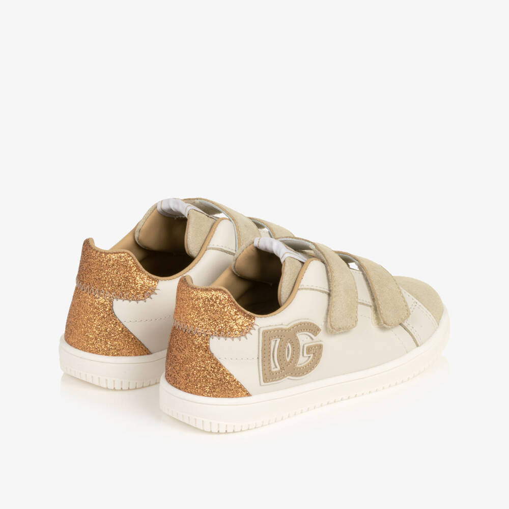 Dolce & Gabbana-Girls Beige & White Leather DG Original Trainers | Childrensalon