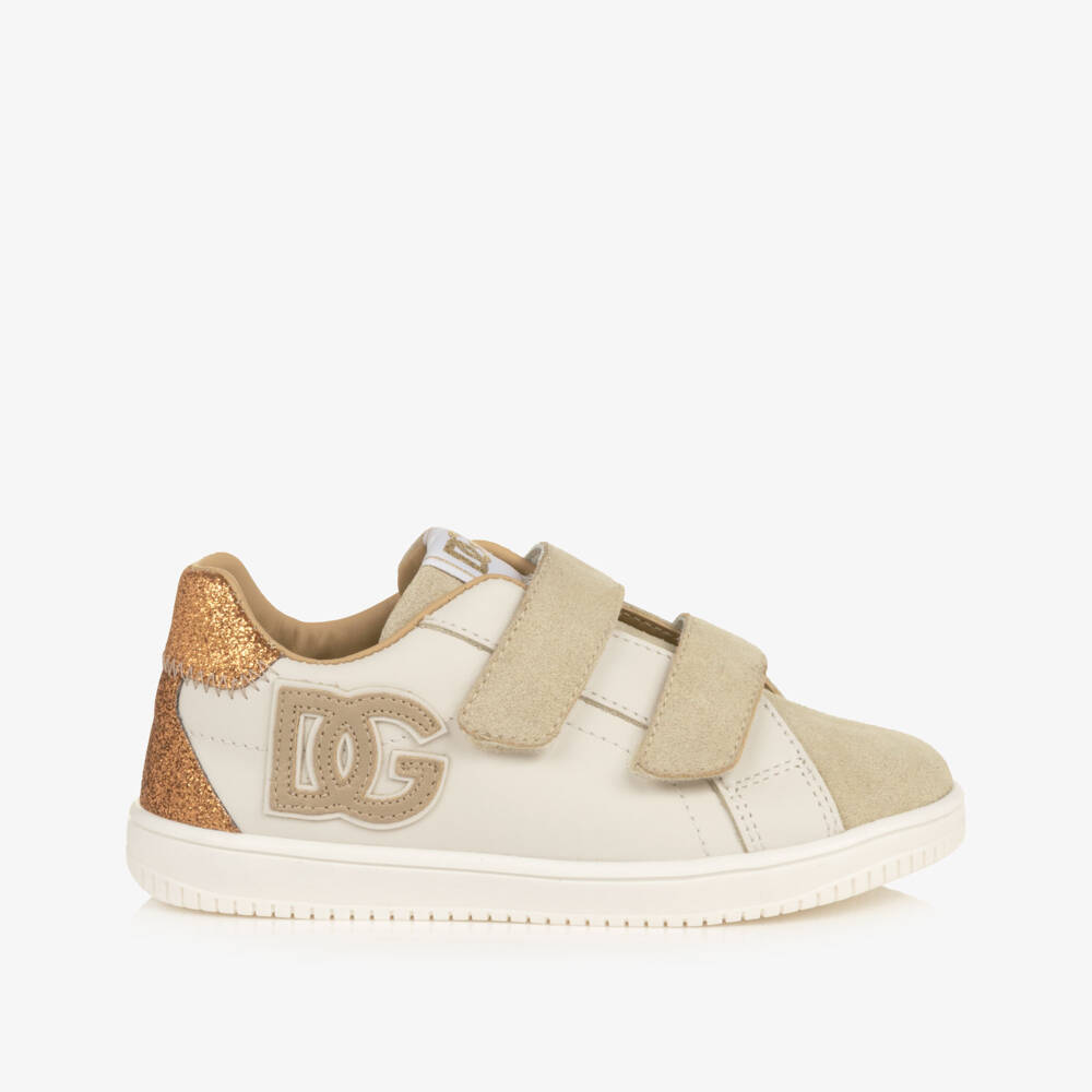 Dolce & Gabbana-Girls Beige & White Leather DG Original Trainers | Childrensalon