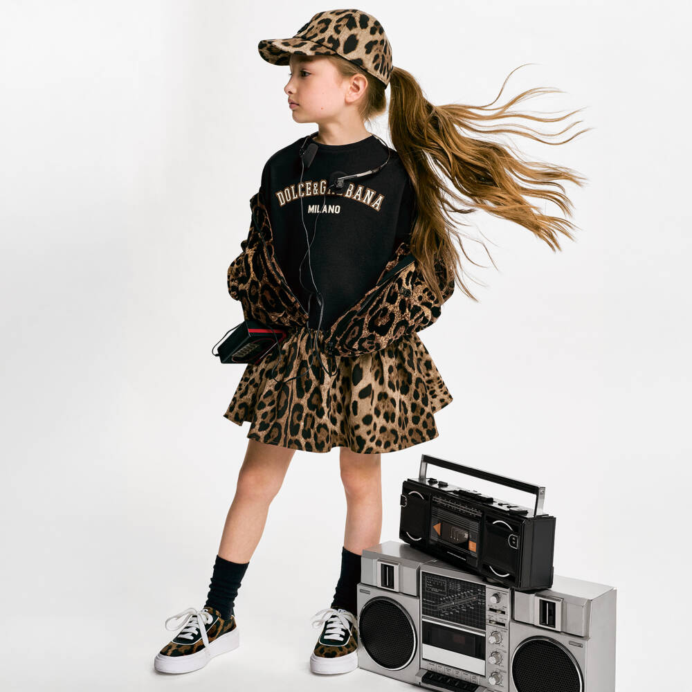 Dolce & Gabbana-Girls Black & Brown Leopard Print Sweatshirt Dress | Childrensalon