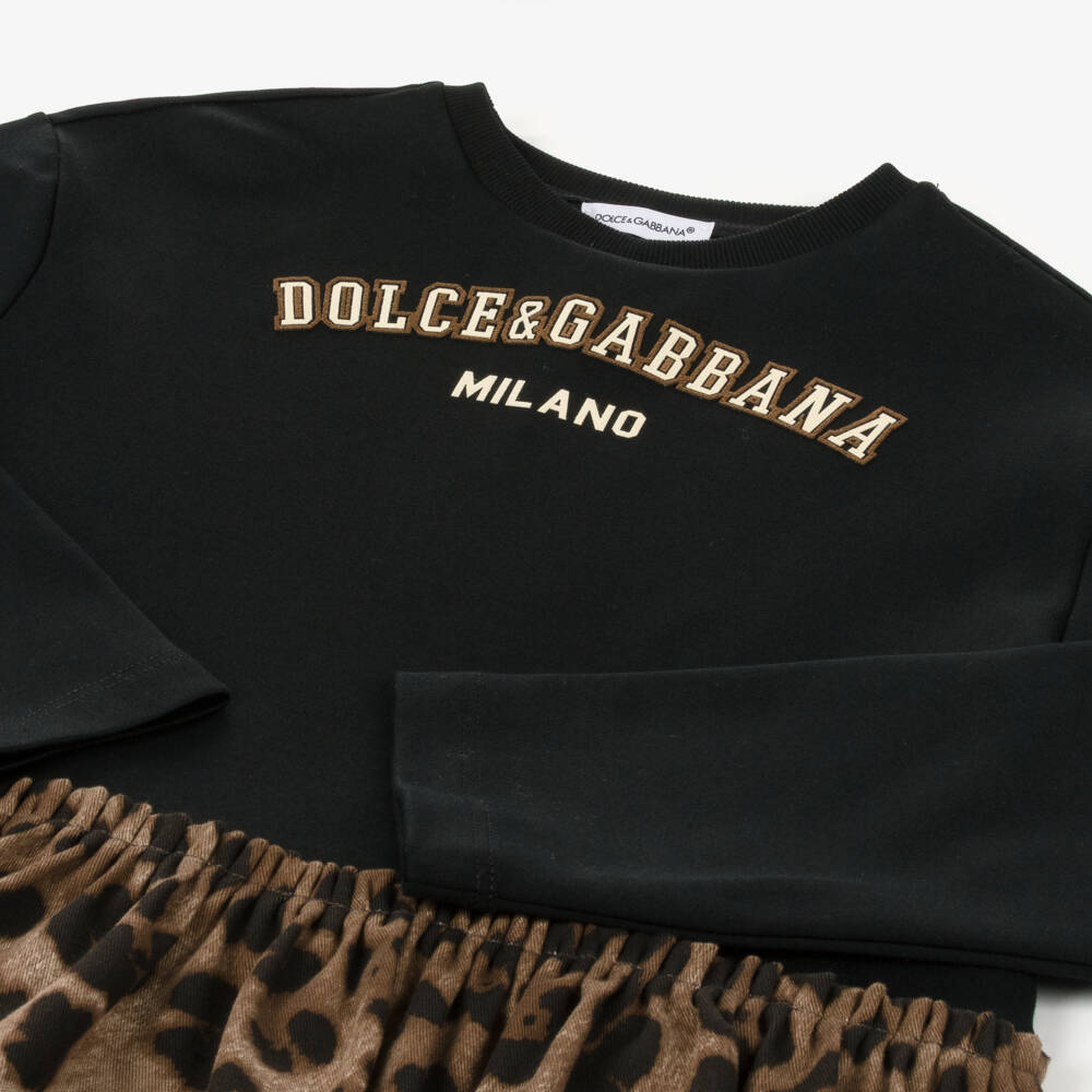 Dolce & Gabbana-Girls Black & Brown Leopard Print Sweatshirt Dress | Childrensalon