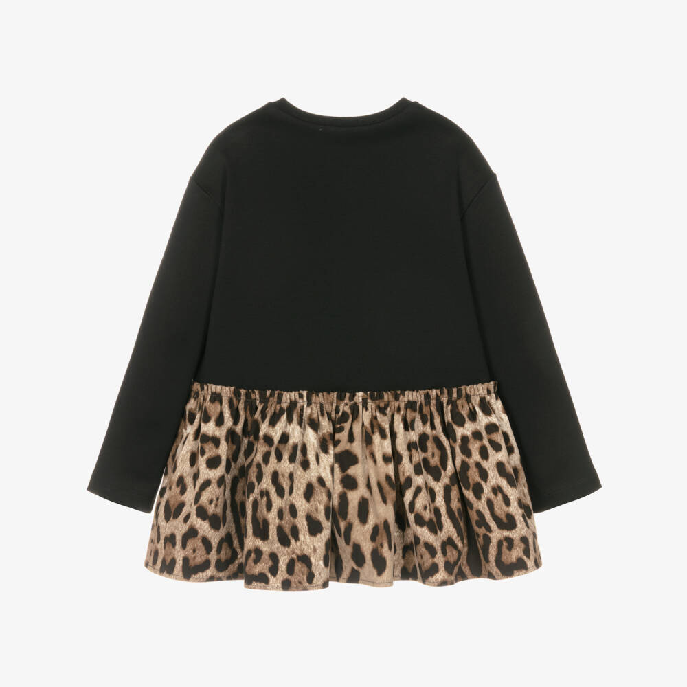 Dolce & Gabbana-Girls Black & Brown Leopard Print Sweatshirt Dress | Childrensalon
