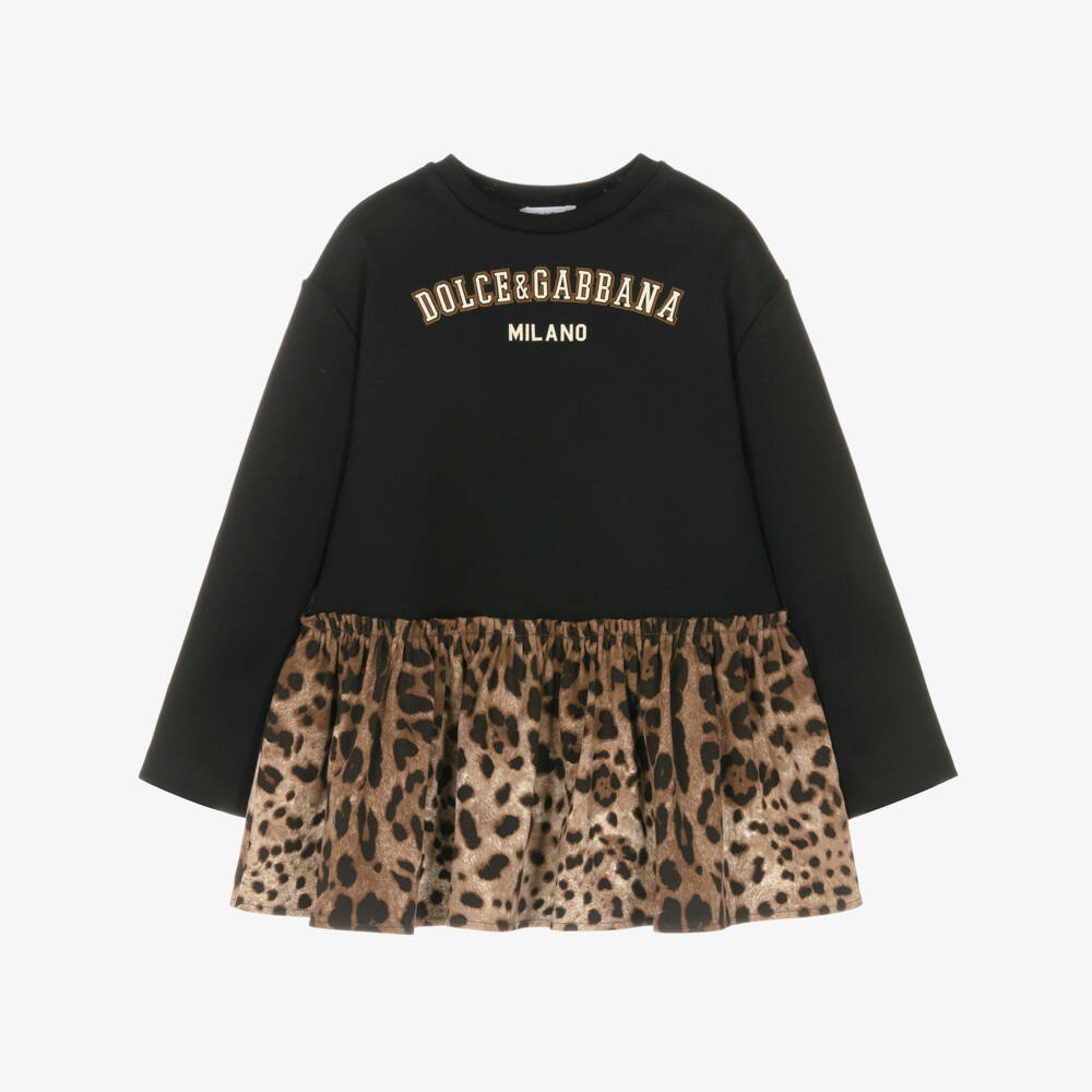 Dolce & Gabbana-Girls Black & Brown Leopard Print Sweatshirt Dress | Childrensalon