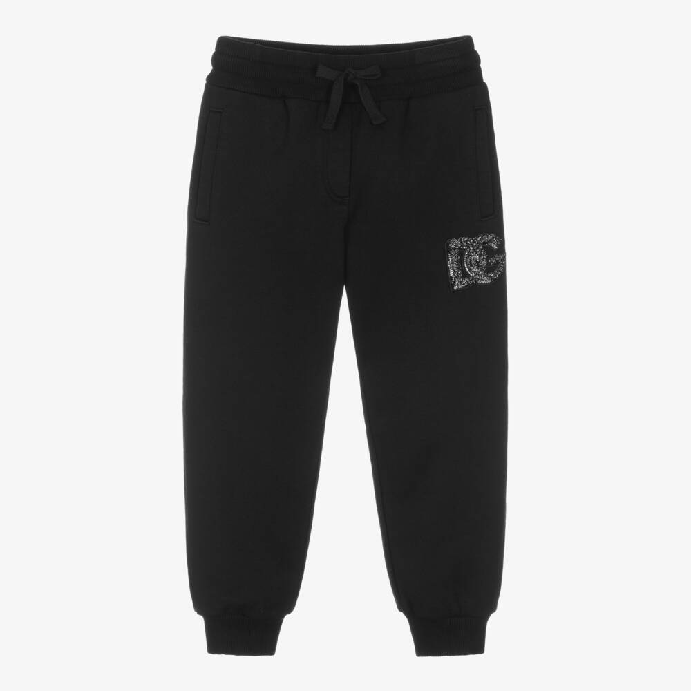 Dolce & Gabbana-Girls Black Cotton Rhinestone DG Logo Joggers | Childrensalon