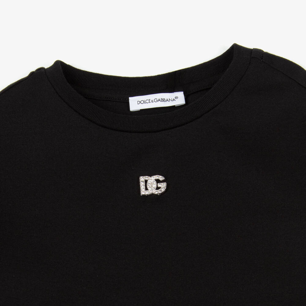Dolce & Gabbana-Girls Black Cotton Rhinestone DG Logo T-Shirt  | Childrensalon