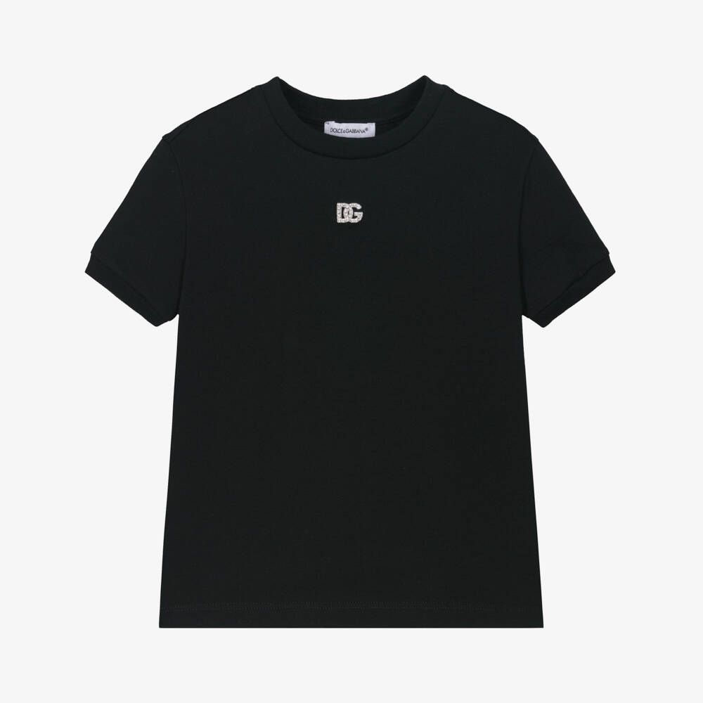 Dolce & Gabbana-Girls Black Cotton T-Shirt with Diamanté DG Logo | Childrensalon