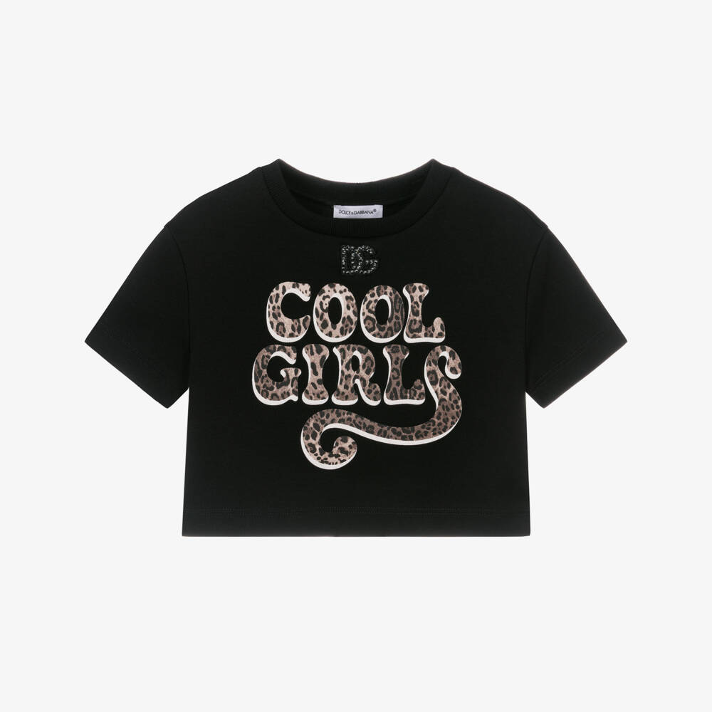 Dolce & Gabbana-Girls Black Cotton T-Shirt with Leopard Print Cool Motif | Childrensalon