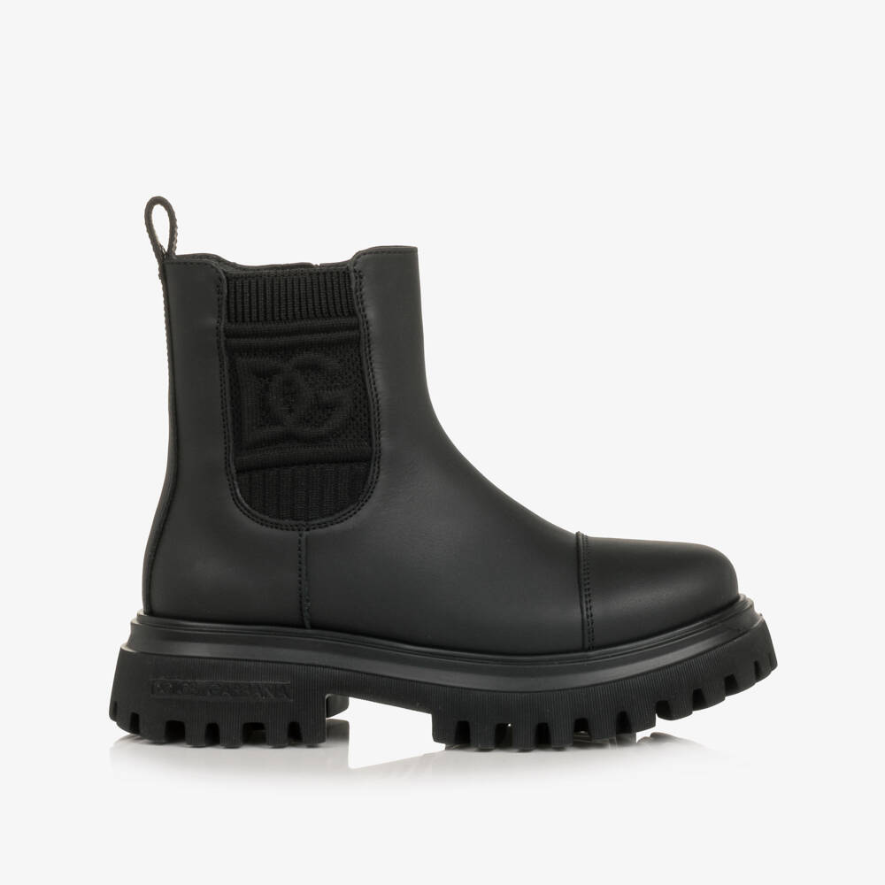 Dolce & Gabbana-Girls Black DG Leather Chelsea Boots with Wool Lining | Childrensalon