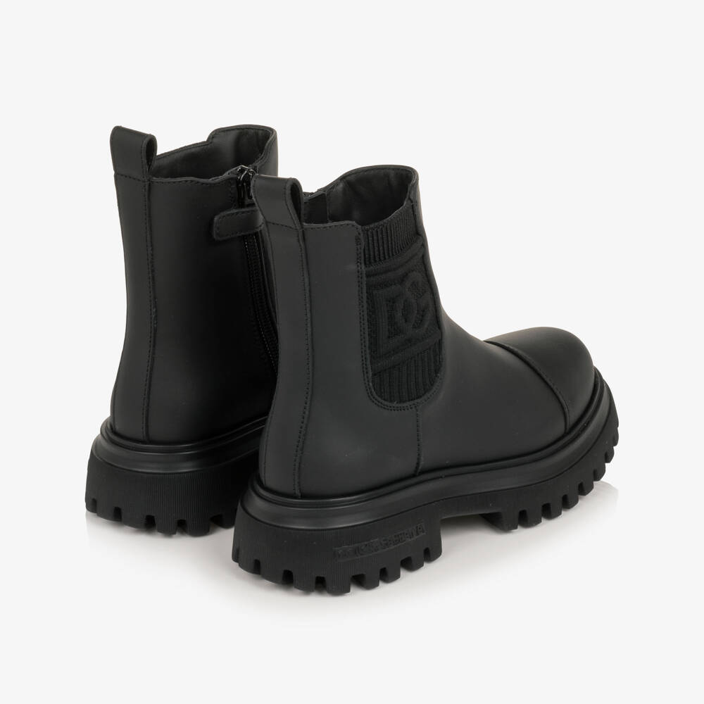 Dolce & Gabbana-Girls Black DG Leather Chelsea Boots with Wool Lining | Childrensalon