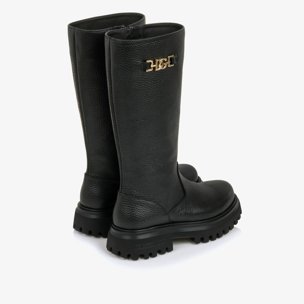 Dolce & Gabbana-Girls Black Leather Boots with Gold Tone DG Logo | Childrensalon