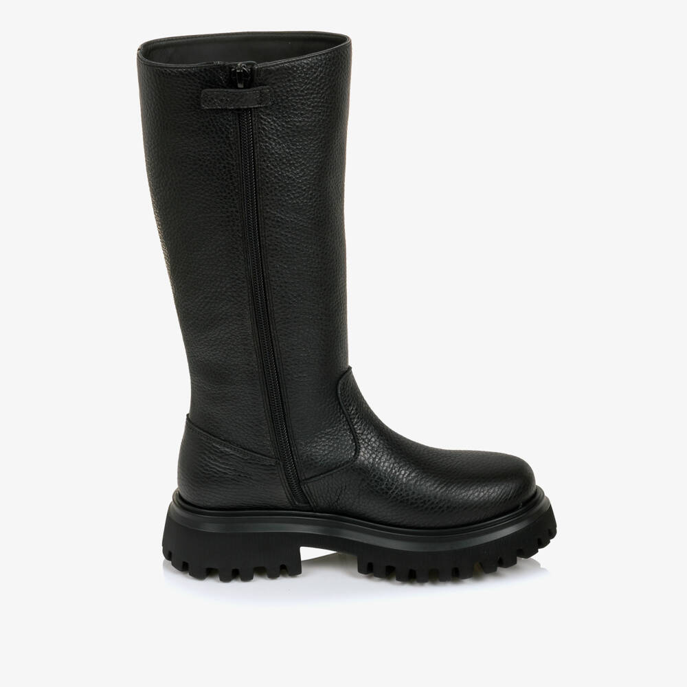 Dolce & Gabbana-Girls Black Leather Boots with Gold Tone DG Logo | Childrensalon