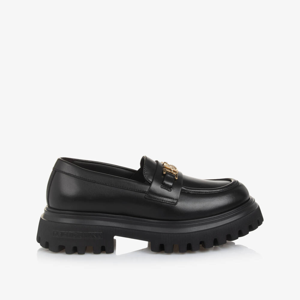Dolce & Gabbana-Girls Black Leather DG Loafers | Childrensalon