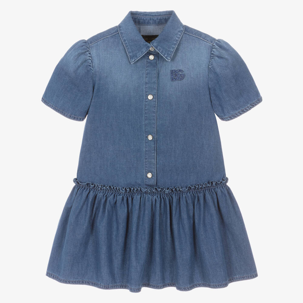 Dolce & Gabbana-Girls Blue Chambray Dress with Sparkly DG Logo | Childrensalon