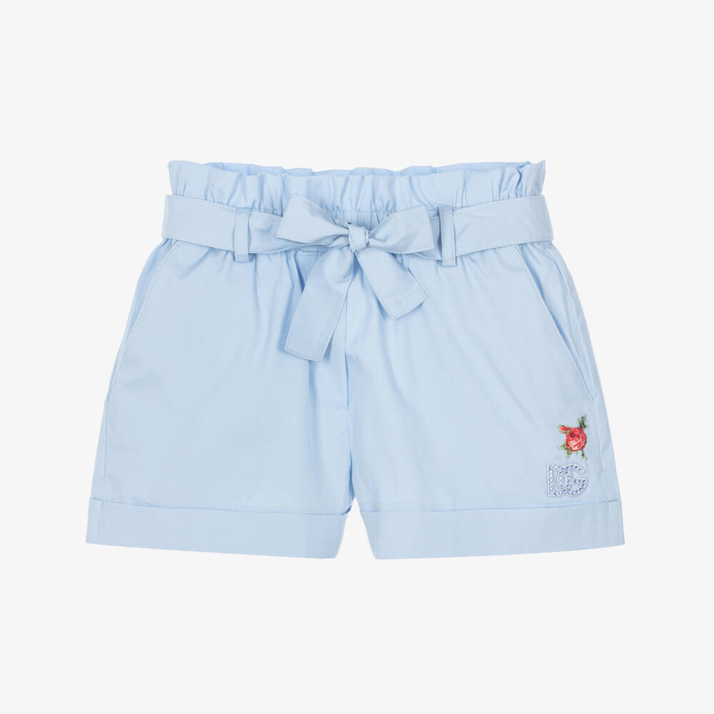 Dolce & Gabbana-Girls Blue Cotton Poplin Shorts with Diamanté Logo  | Childrensalon