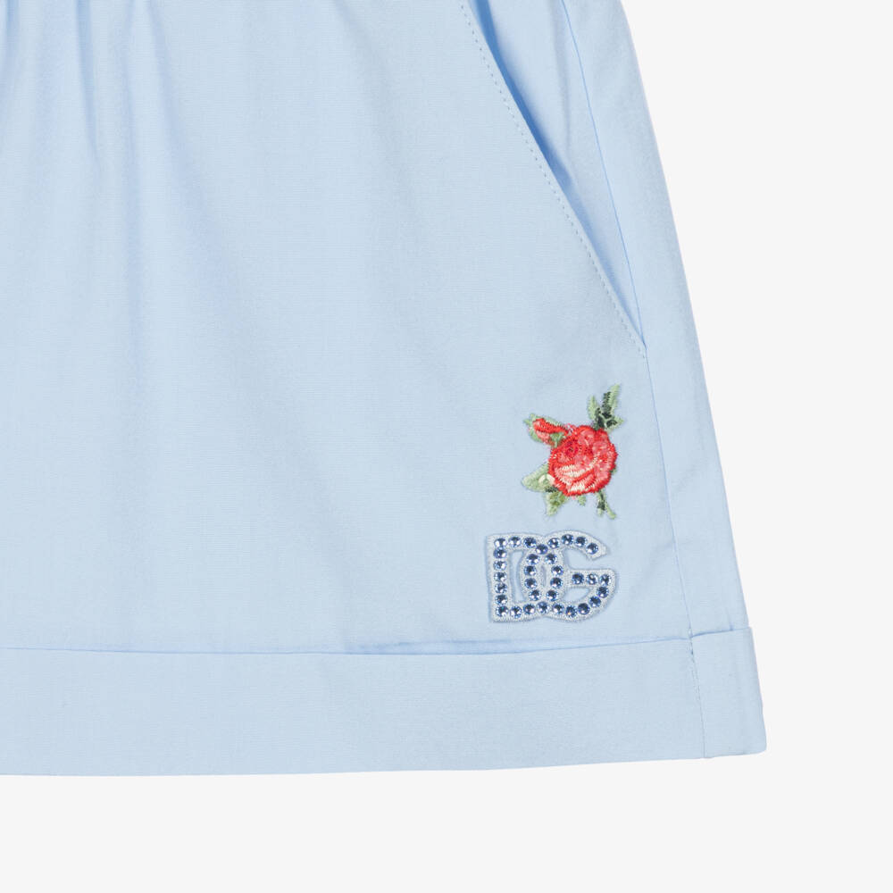 Dolce & Gabbana-Girls Blue Cotton Poplin Shorts with Diamanté Logo | Childrensalon