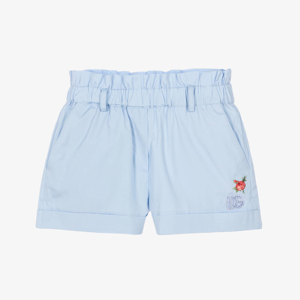 Dolce & Gabbana-Girls Blue Cotton Poplin Shorts with Diamanté Logo | Childrensalon