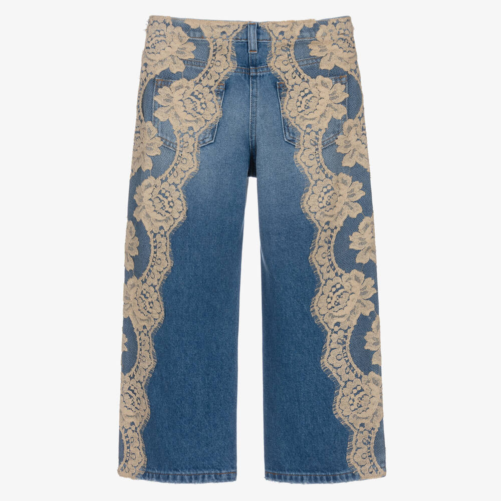 Dolce & Gabbana-Girls Blue Denim Lace Trim Jeans | Childrensalon