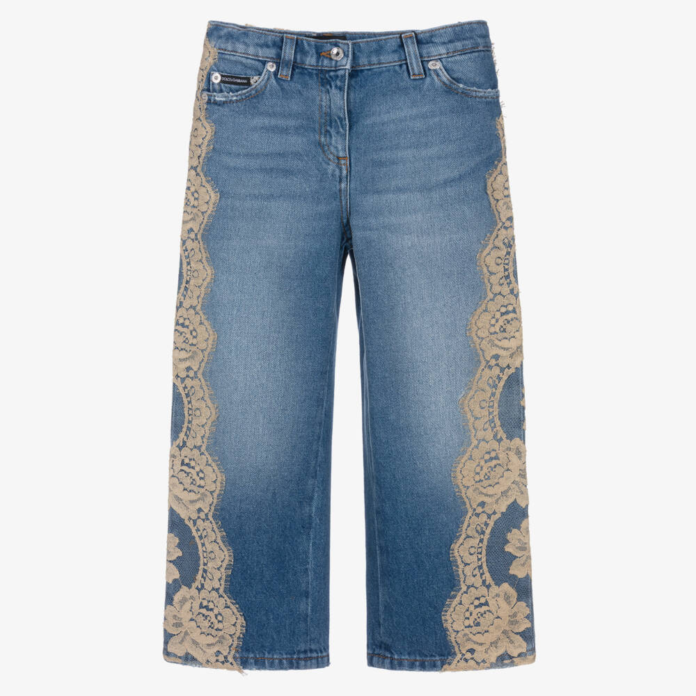 Dolce & Gabbana-Girls Blue Denim Lace Trim Jeans | Childrensalon