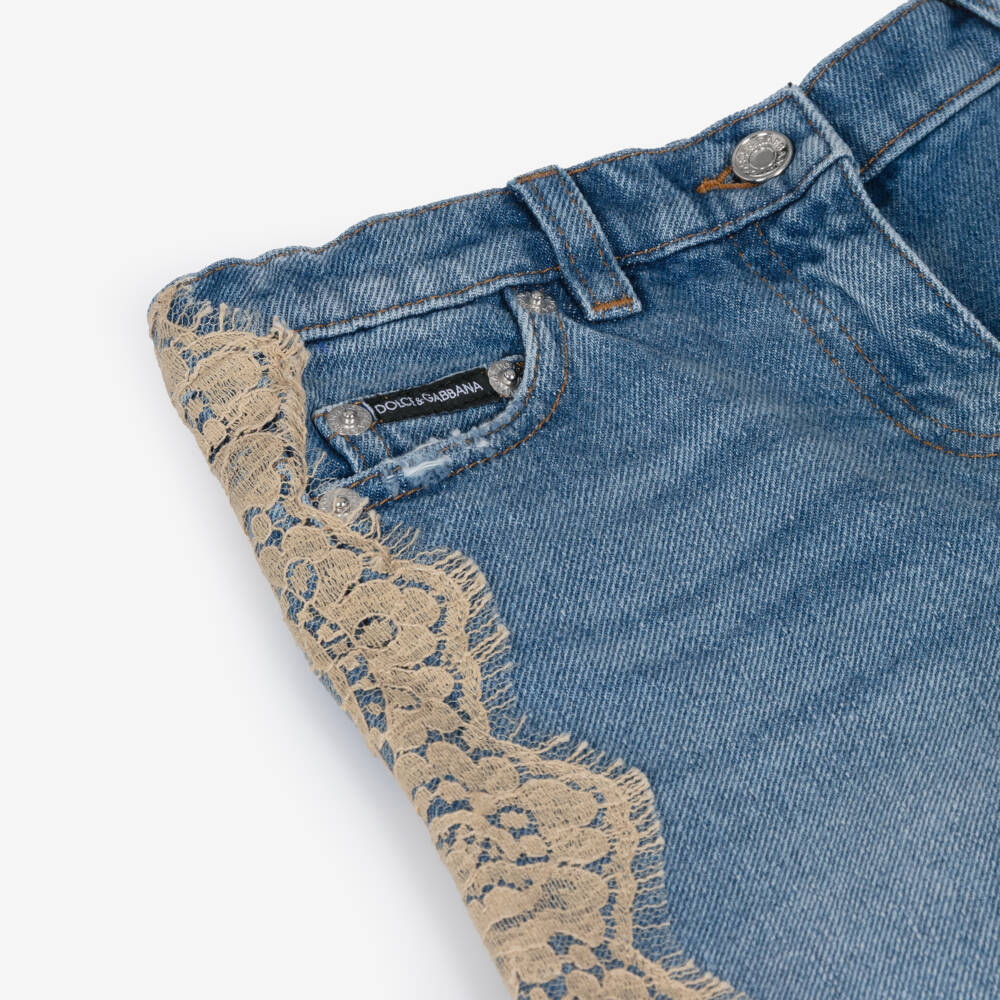 Dolce & Gabbana-Girls Blue Denim Lace Trim Jeans | Childrensalon
