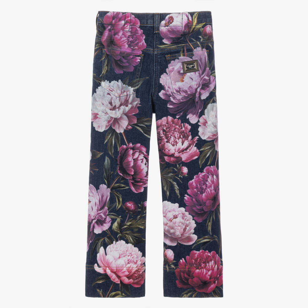 Dolce & Gabbana-Girls Blue Denim Peony Print Jeans | Childrensalon