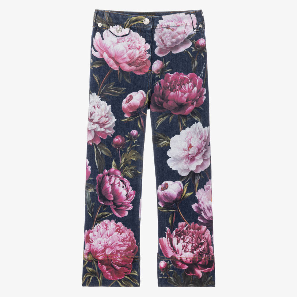 Dolce & Gabbana-Girls Blue Denim Peony Print Jeans | Childrensalon