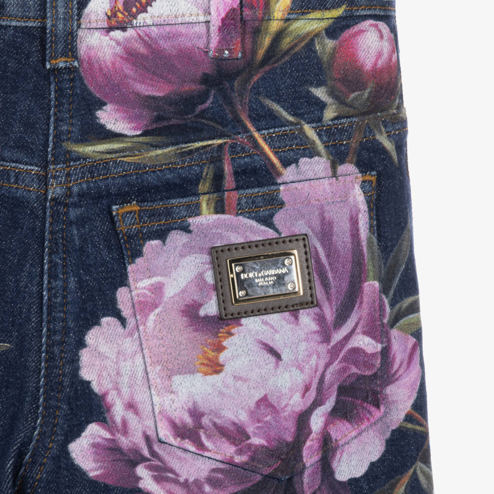 Dolce & Gabbana-Girls Blue Denim Peony Print Jeans | Childrensalon