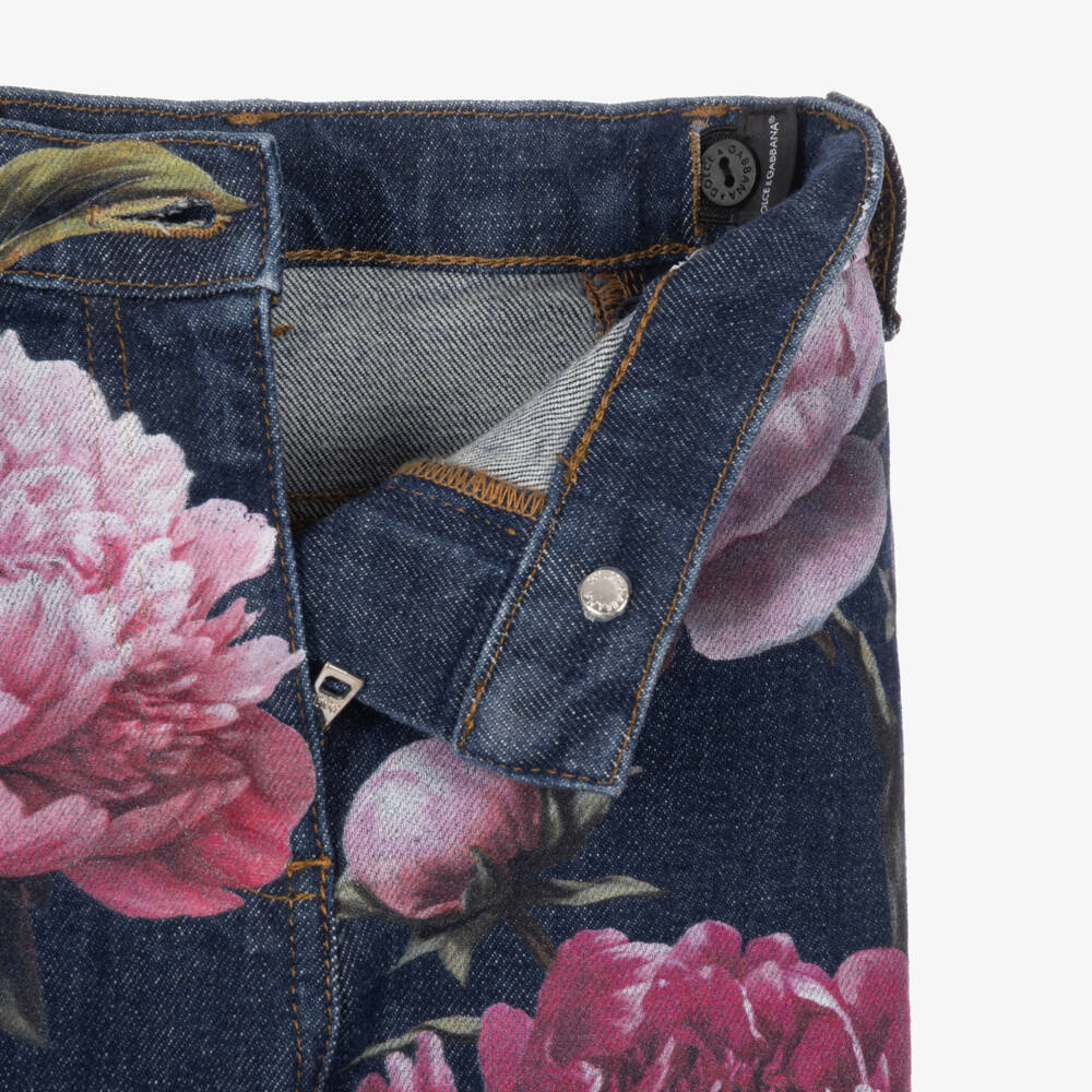 Dolce & Gabbana-Girls Blue Denim Peony Print Jeans | Childrensalon