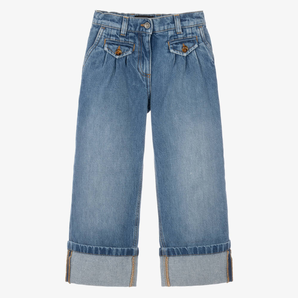 Dolce & Gabbana-Girls Blue Denim Turn-Up Jeans | Childrensalon