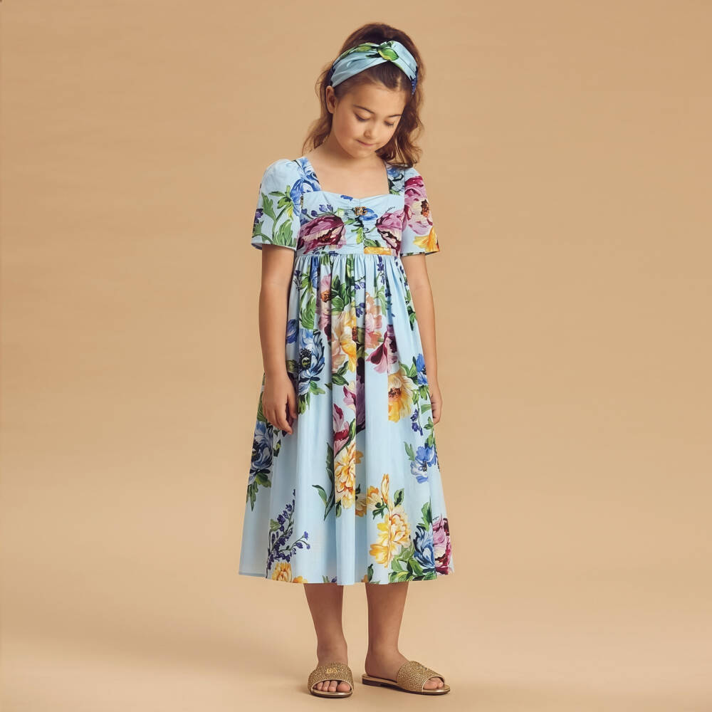 Dolce & Gabbana-Girls Blue Floral Print Cotton Poplin Dress | Childrensalon