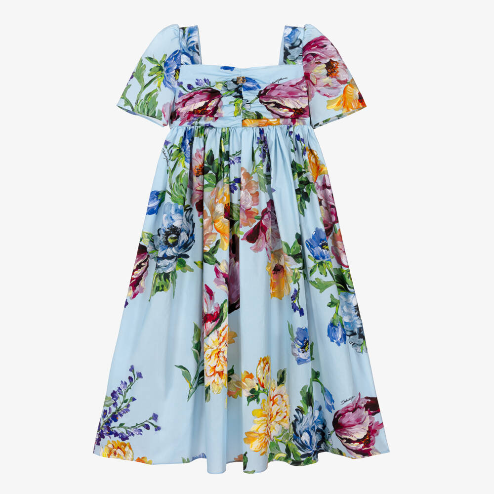 Dolce & Gabbana-Girls Blue Floral Print Cotton Poplin Dress | Childrensalon
