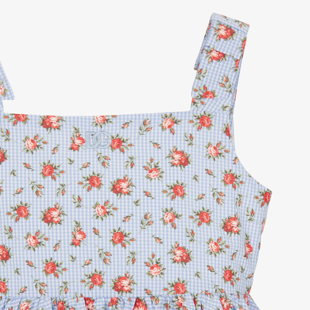 Dolce & Gabbana-Girls Blue Gingham & Red Rose Print Poplin Dress | Childrensalon