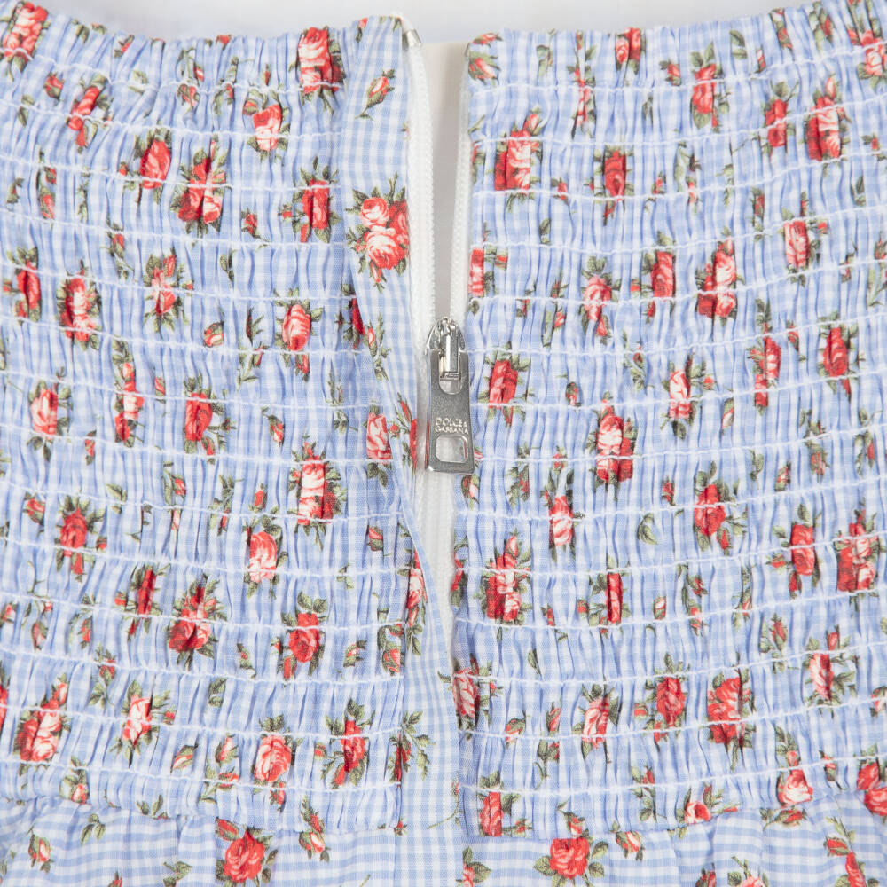 Dolce & Gabbana-Girls Blue Gingham & Red Rose Print Poplin Dress | Childrensalon