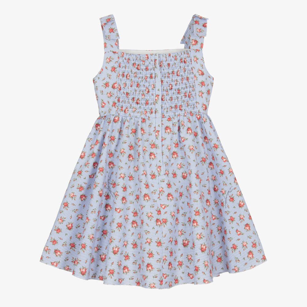 Dolce & Gabbana-Girls Blue Gingham & Red Rose Print Poplin Dress | Childrensalon