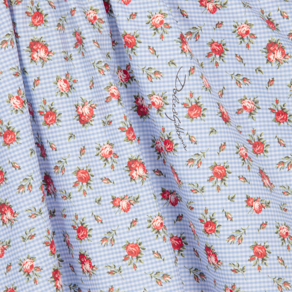 Dolce & Gabbana-Girls Blue Gingham & Red Rose Print Poplin Dress | Childrensalon