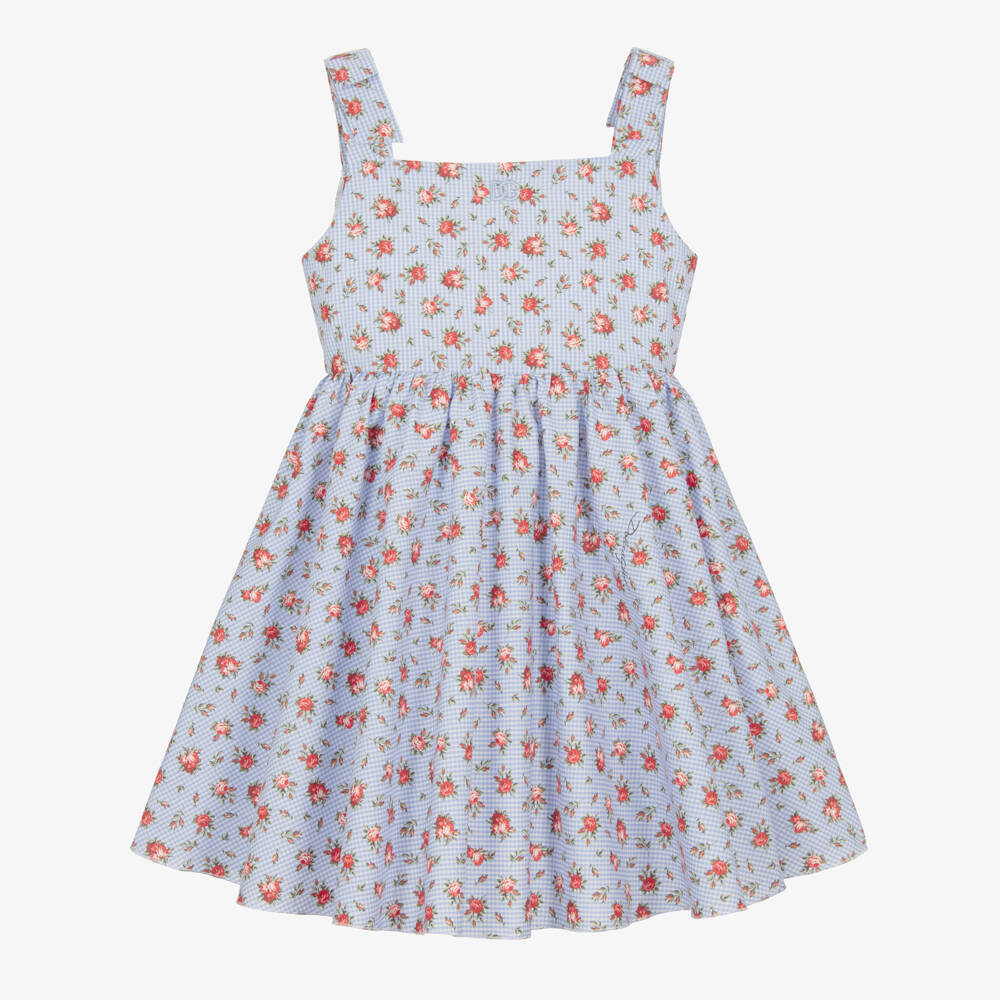 Dolce & Gabbana-Girls Blue Gingham & Red Rose Print Poplin Dress | Childrensalon