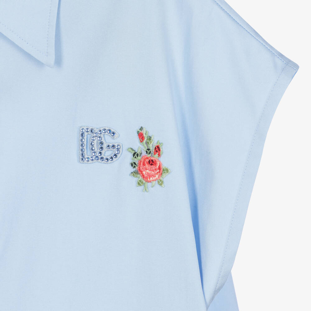 Dolce & Gabbana-Girls Blue Poplin Shirt with Diamanté DG Logo | Childrensalon
