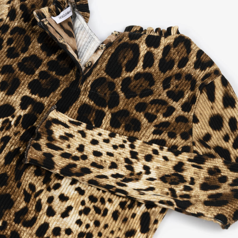 Dolce & Gabbana-Girls Brown DG Leopard Print Ribbed Cotton Top | Childrensalon
