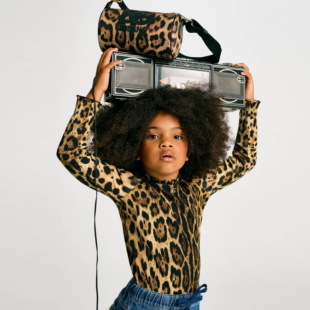 Dolce & Gabbana-Girls Brown DG Leopard Print Ribbed Cotton Top | Childrensalon