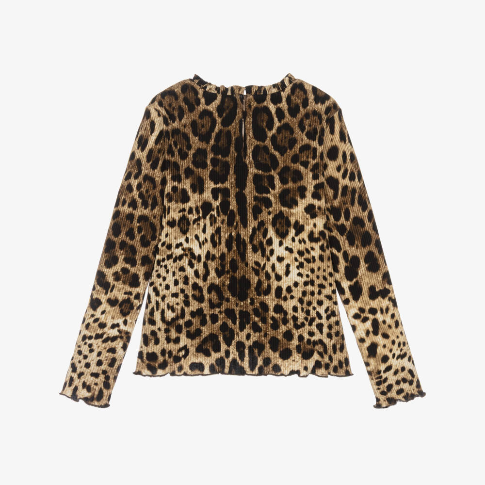 Dolce & Gabbana-Girls Brown DG Leopard Print Ribbed Cotton Top | Childrensalon