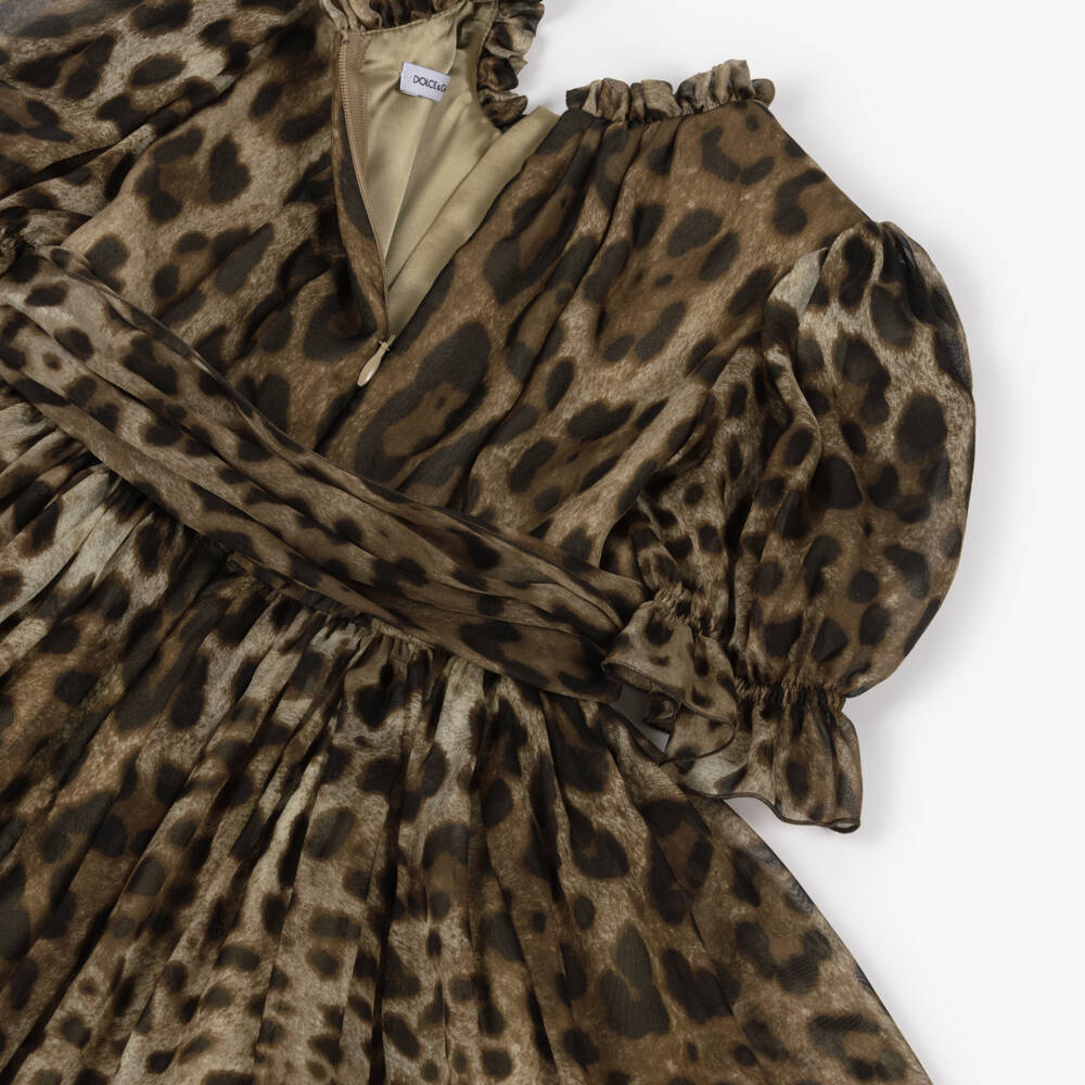 Dolce & Gabbana-Girls Brown Leopard Pint Silk Chiffon Dress | Childrensalon