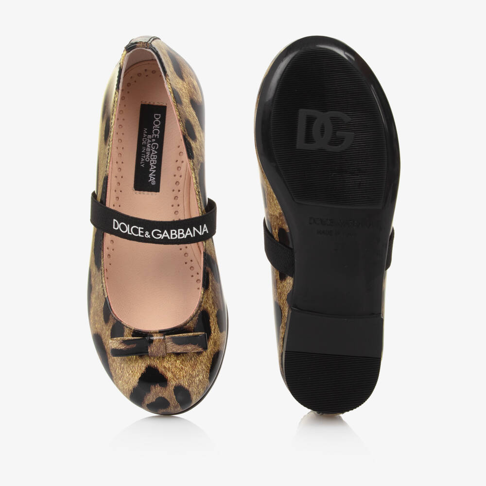 Dolce & Gabbana-Girls Brown Leopard Print Patent Leather Ballerine Flats | Childrensalon