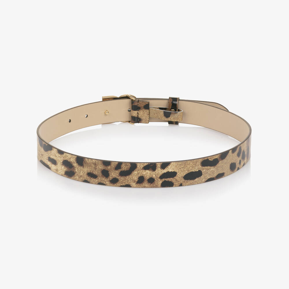 Dolce & Gabbana-Girls Brown Leopard Print Patent Leather DG Belt | Childrensalon