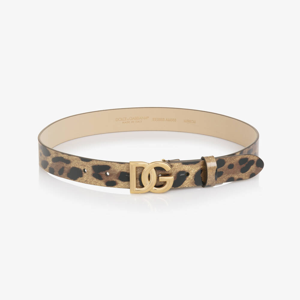 Dolce & Gabbana-Girls Brown Leopard Print Patent Leather DG Belt | Childrensalon