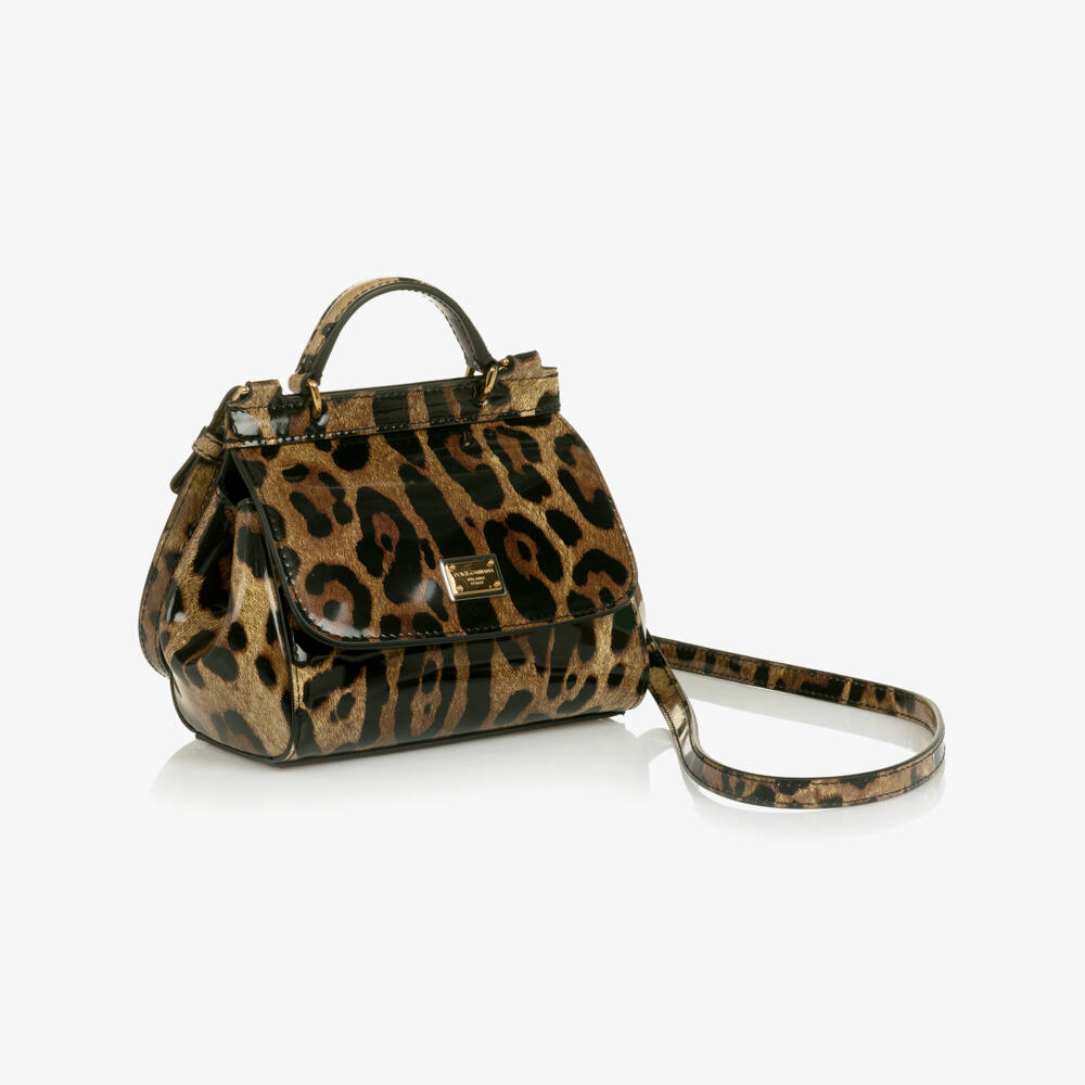 Dolce & Gabbana-Girls Brown Leopard Print Patent Leather Sicily Bag (14cm) | Childrensalon
