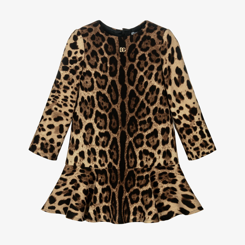 Dolce & Gabbana-Girls Brown Leopard Print Wool Peplum Dress | Childrensalon
