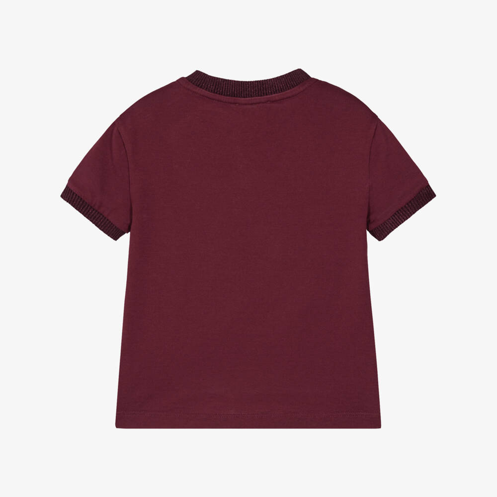 Dolce & Gabbana-Girls Burgundy Cotton T-Shirt with Floral Appliqué | Childrensalon