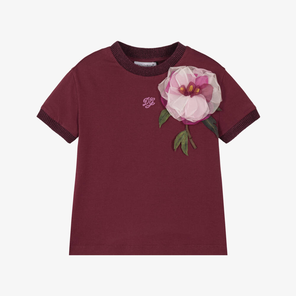 Dolce & Gabbana-Girls Burgundy Cotton T-Shirt with Floral Appliqué | Childrensalon