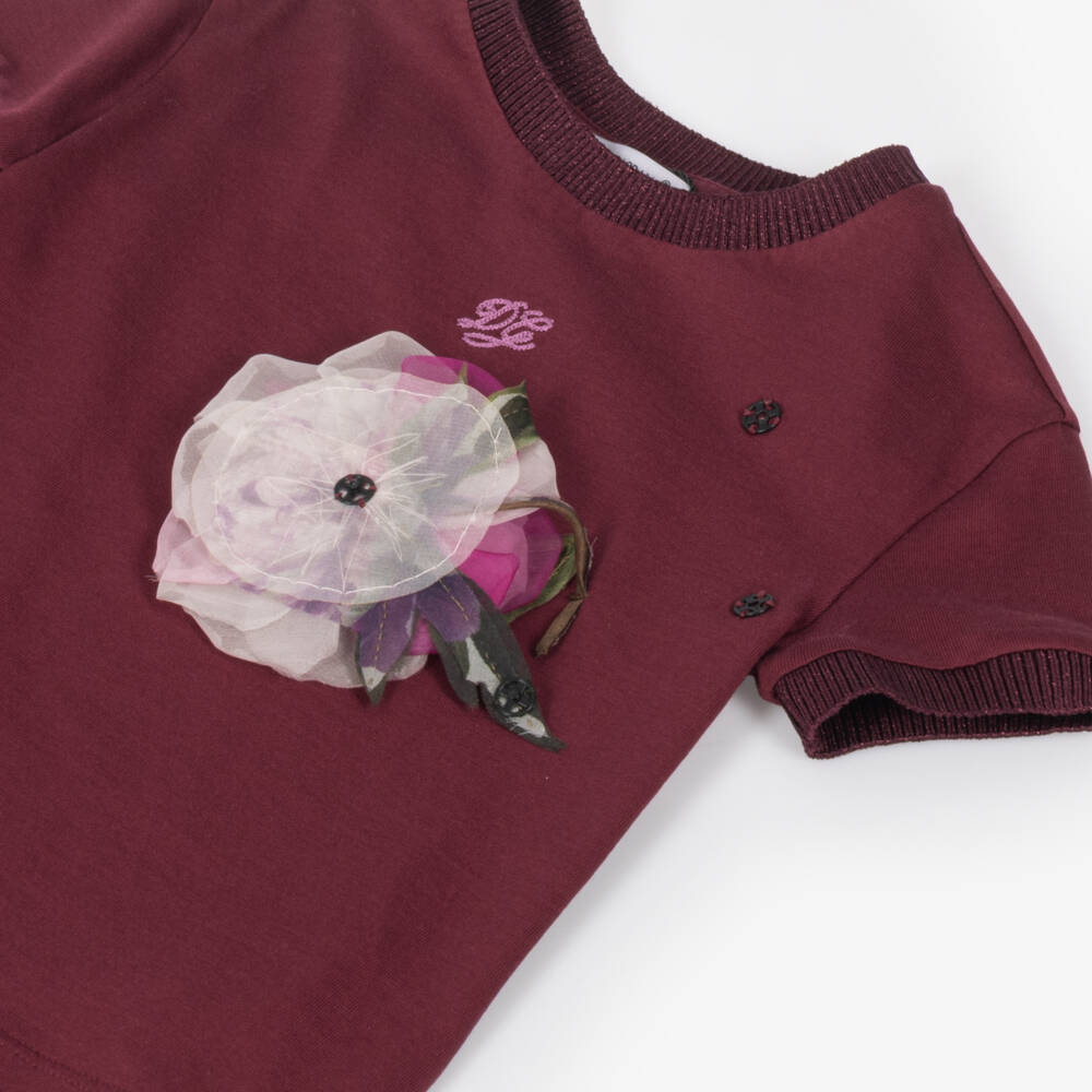 Dolce & Gabbana-Girls Burgundy Cotton T-Shirt with Floral Appliqué | Childrensalon