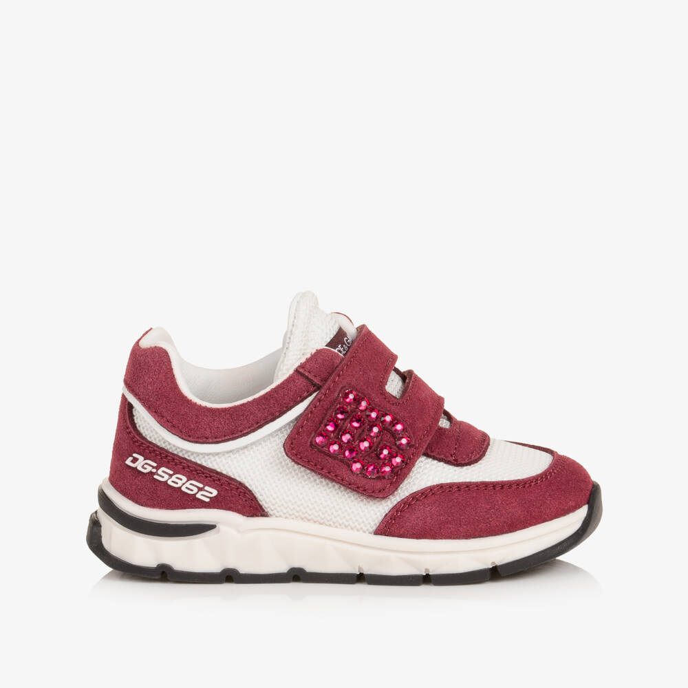Dolce & Gabbana-Girls Burgundy & White Trainers with Diamanté Logo | Childrensalon